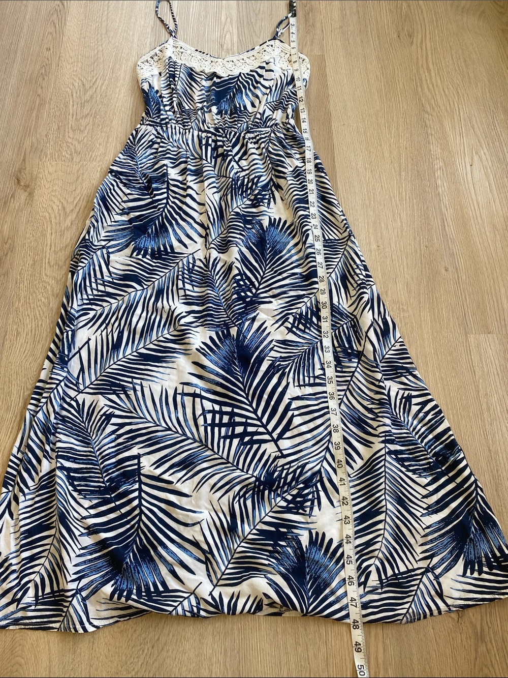 Molly Bracken Tropical Palm Print Midi Dress Lace Trim Blue White Sundress Small - Picture 12 of 12
